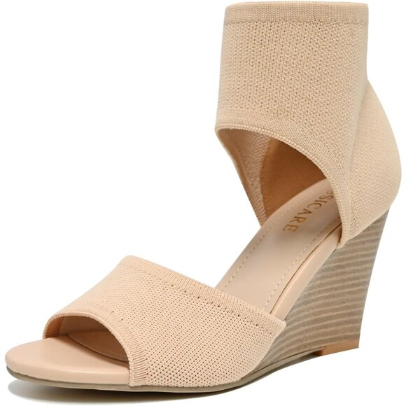 Apricot Fabric Wedge Sandal Elastic Knit Peep Toe Heels Sandal for Women Dressy - Picture 1 of 14